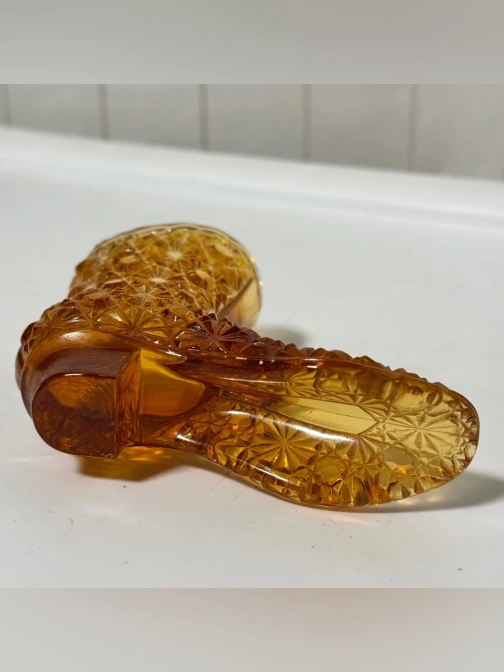Vintage Fenton Amber‎ Glass Daisy Button Boot Tall Victorian Shoe Figurine Decor